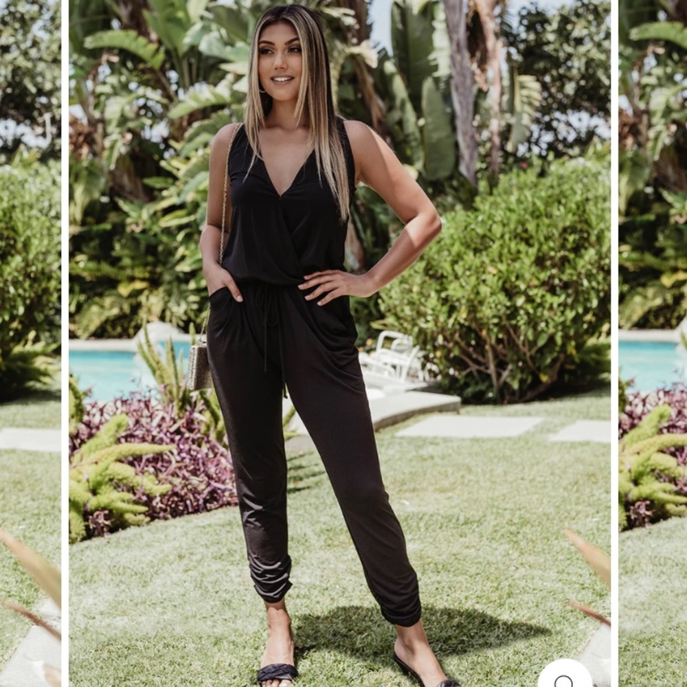 Veronica M shirred ankle black stretch jumpsuit, size S